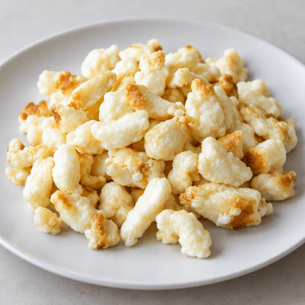 A loose mound of small, soft white cheese curds with scattered pale golden-brown edges, served on a plain plate.