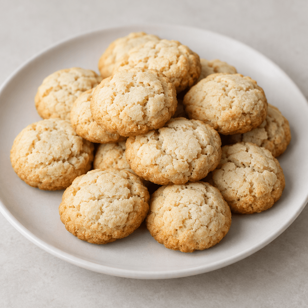 Small, round rustic cookies with lightly golden edges and pale cream, cracked tops, arranged on a plain serving plate.