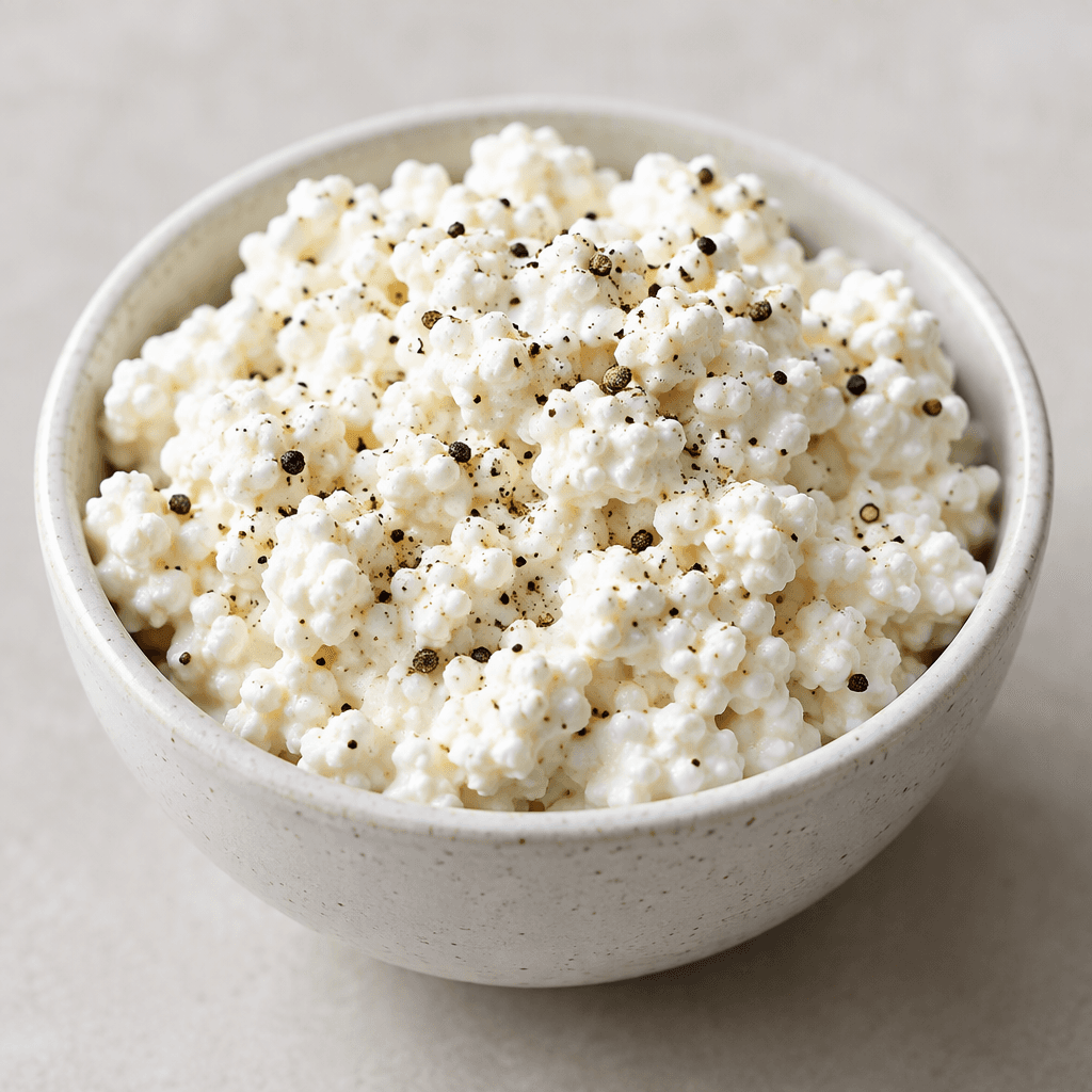 White, moist cottage cheese curds with a soft, lumpy texture are piled in a small bowl and scattered with visible black pepper flecks.