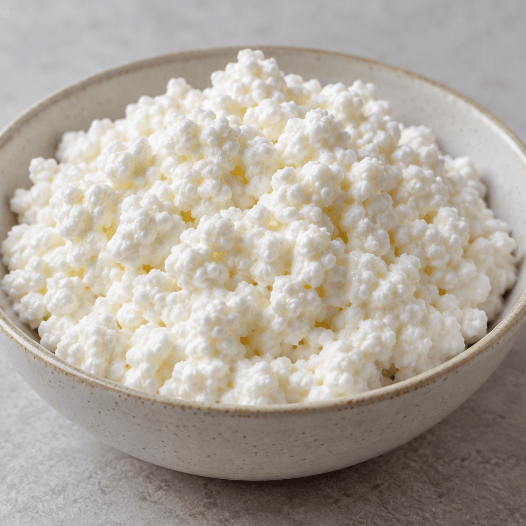A mound of soft, moist white curd cheese with small uneven lumps, served in a shallow dish.