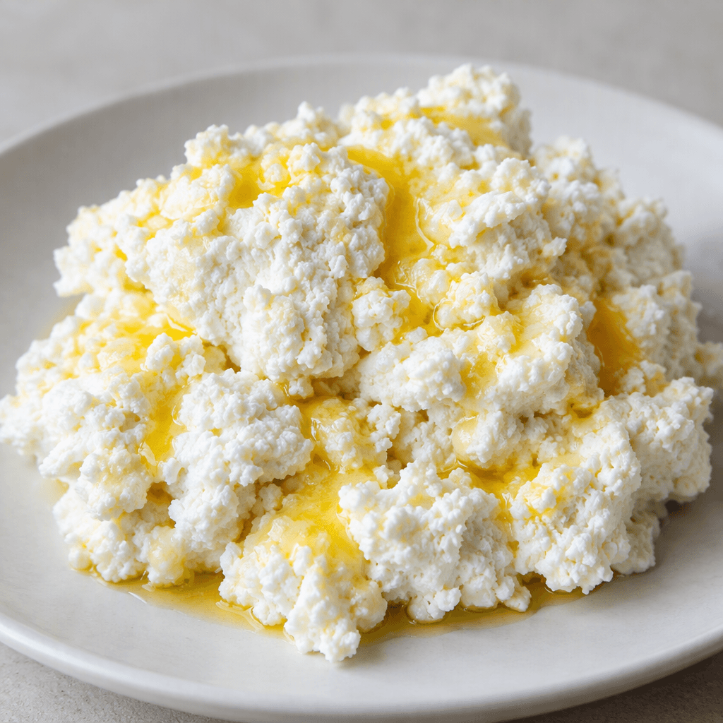 Soft, white curd cheese sits in a loose, crumbly mound, streaked and dotted with glossy golden butter.