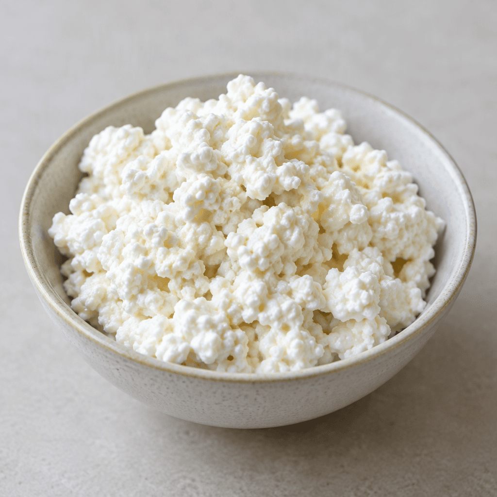 A small mound of plain white cottage cheese sits in a shallow bowl, made of soft, moist, irregular curds with a slightly lumpy, loosely packed texture.