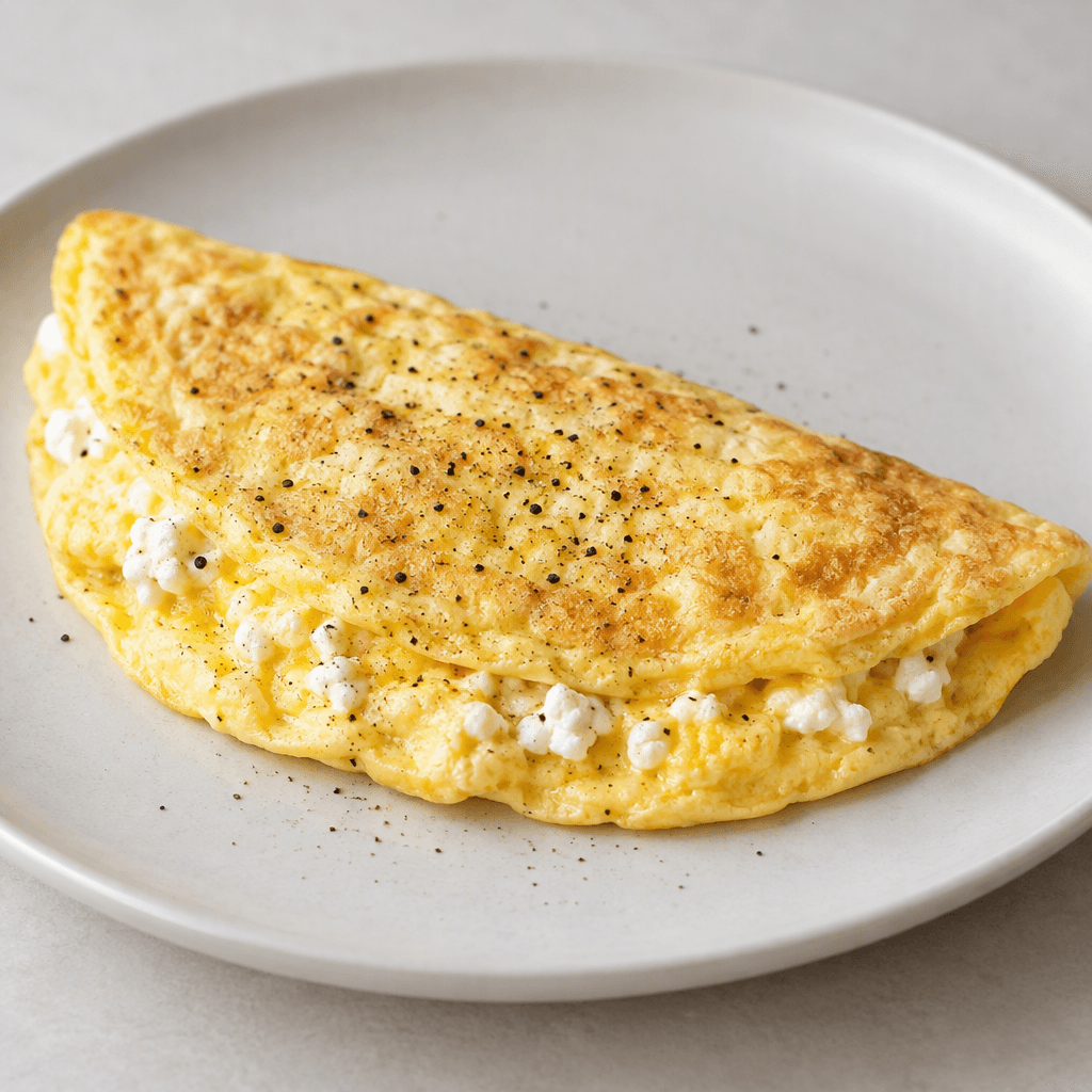 A softly folded, pale golden omelet with small white cottage-cheese curds visible in the filling and scattered black-pepper specks on top, served on a plain plate.