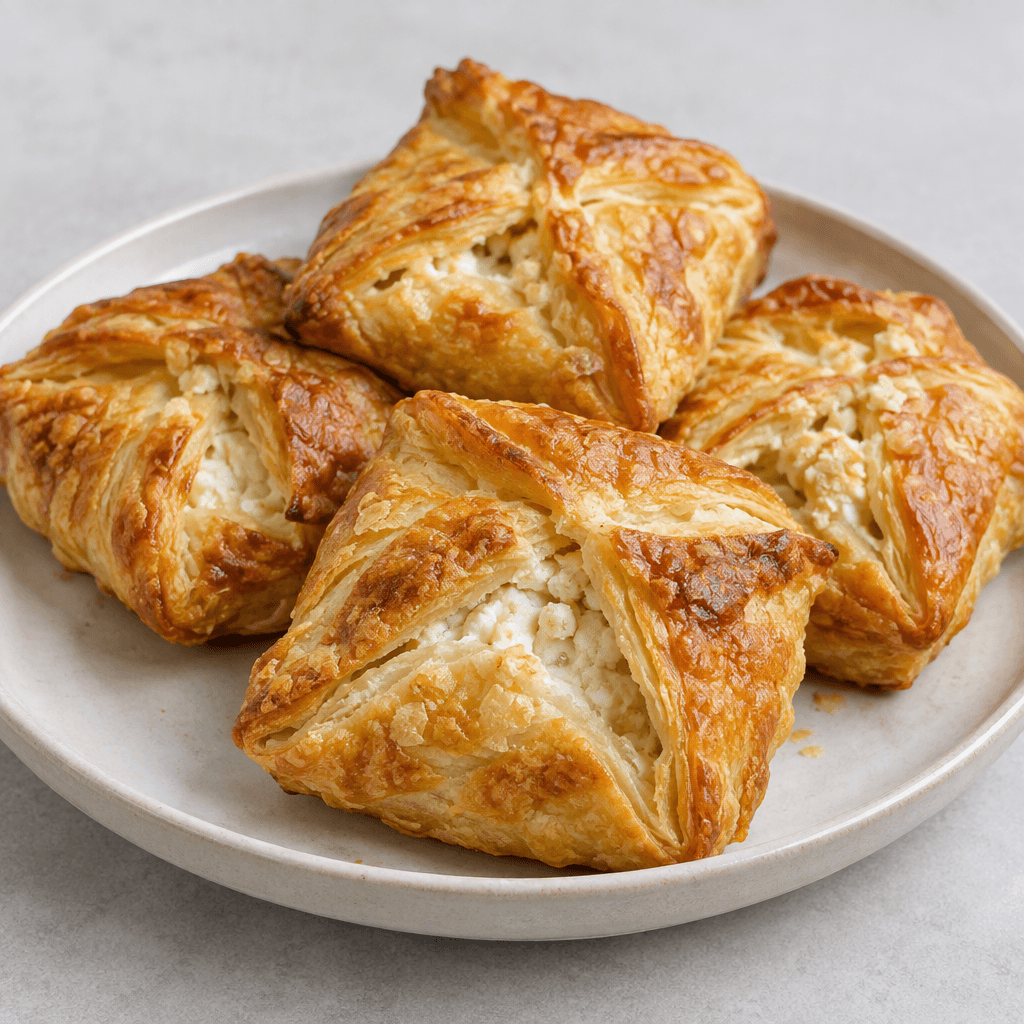 Golden-brown, flaky pastry parcels filled with soft white curd cheese, arranged on a plate with their folded edges and crumbly layers visible.