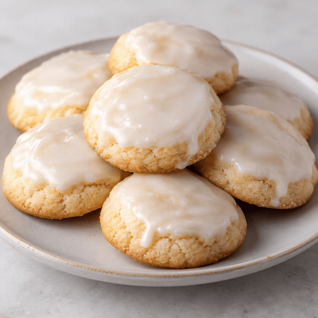 Small, thick, softly rounded cookies with pale golden edges and a smooth white glaze are arranged on a plate.