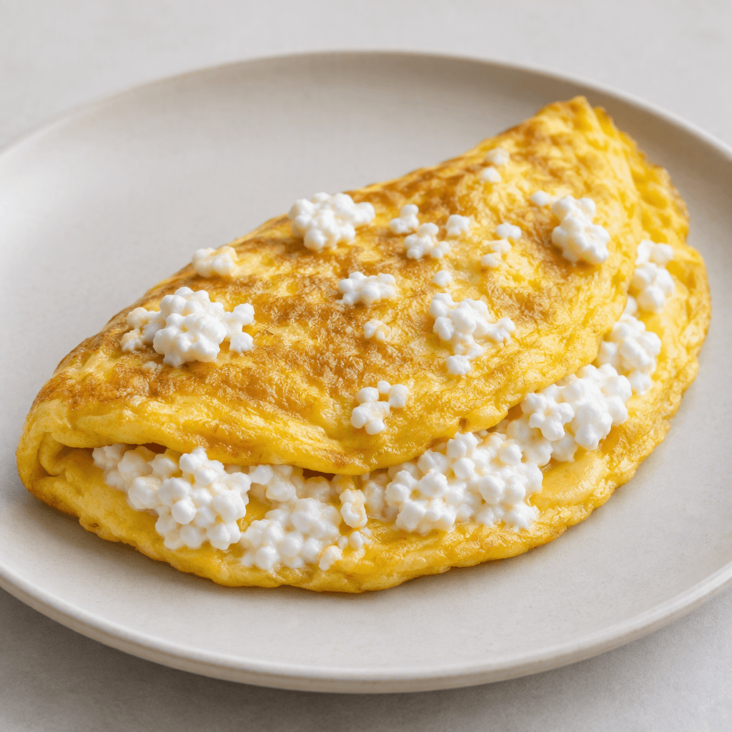 Tabakta yumuşakça katlanmış altın sarısı bir omlet durur; açık kenarında beyaz, iri ve gevşek lor peyniri topakları görünür, pürüzsüz yumurta dokusuyla nemli lor belirgin bir tezat oluşturur.