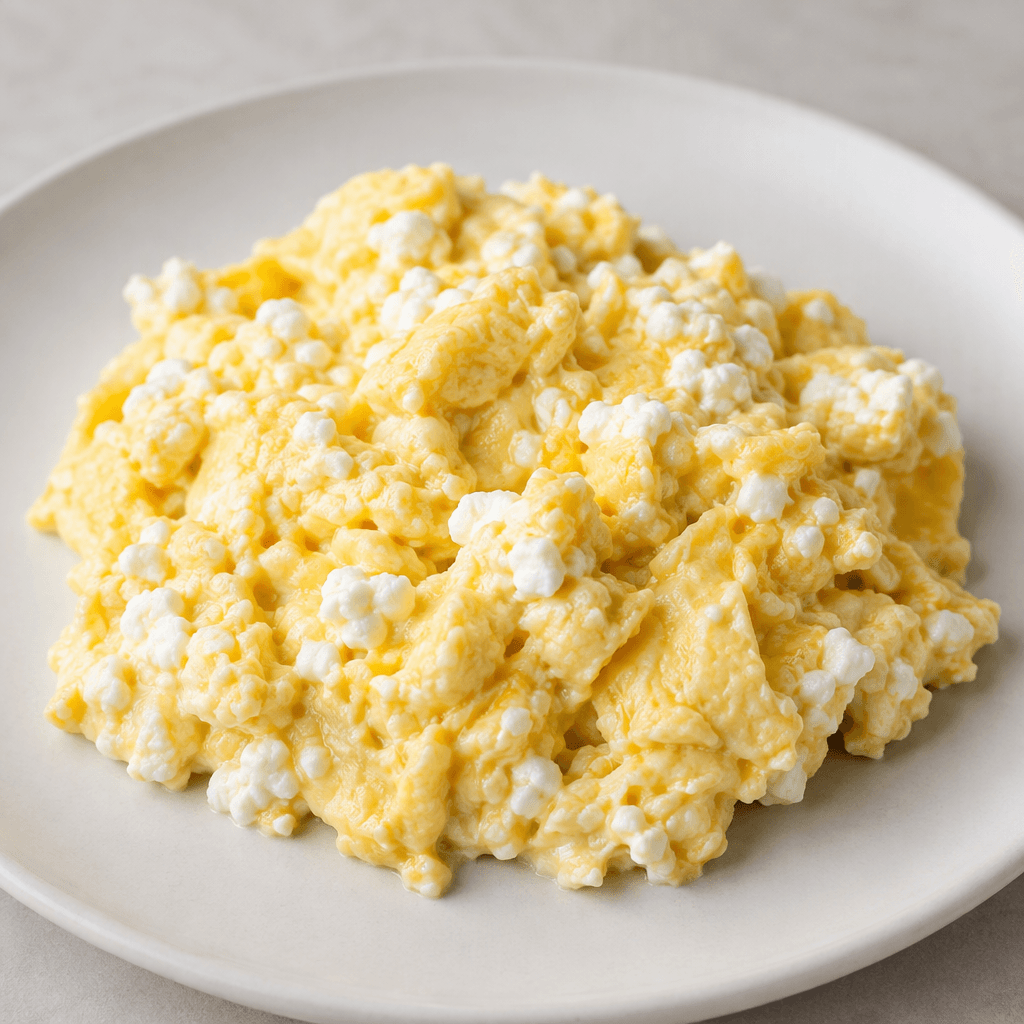 Soft, pale yellow scrambled eggs mixed with small white curds of cottage cheese, loosely gathered into a moist, uneven mound on a plate, with distinct creamy curds visible throughout.