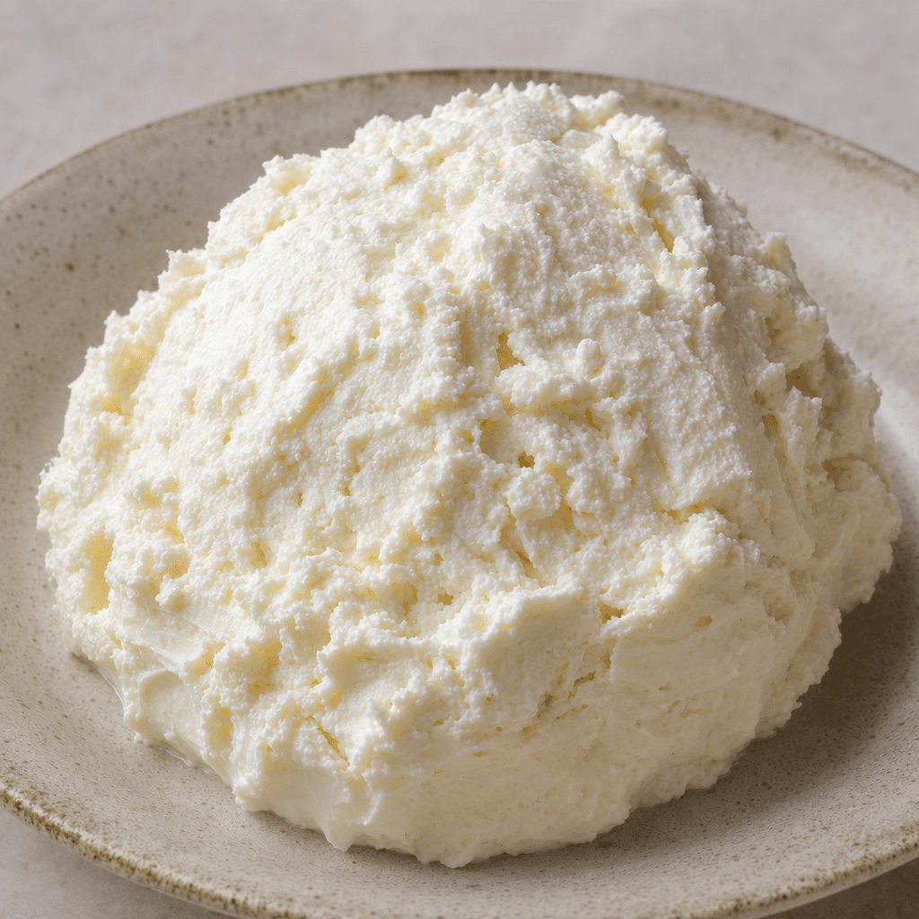 A soft, off-white cheese spread sits in a small mound, with a creamy base and fine, slightly crumbly curds visible across its surface.