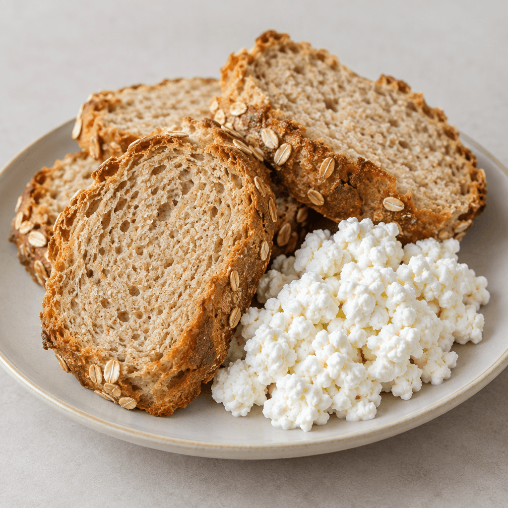 Thick, irregular slices of golden-brown oat bread with a soft, finely textured crumb are arranged on a plate beside a mound of white, crumbly curd cheese, with a few oat flakes visible on the crust.
