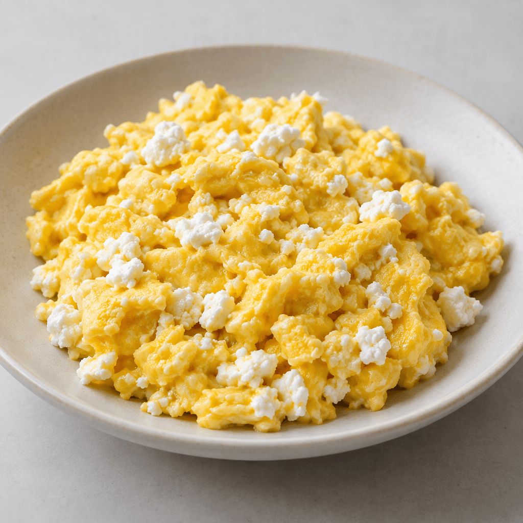 Softly scrambled yellow eggs are mixed with small, crumbly white lor cheese curds and served in a shallow dish, with a few cheese pieces visible across the surface.