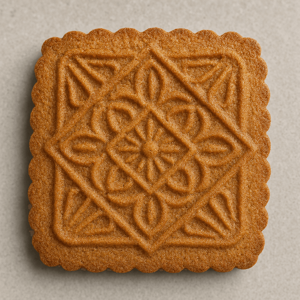 A thin, crisp-looking caramel-brown rectangular biscuit with rounded, scalloped edges and an intricate raised pattern pressed into its finely textured surface.