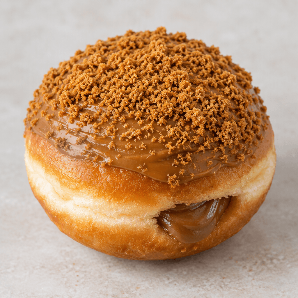 A plump, round golden-brown doughnut is topped with glossy caramel-brown biscuit spread and fine biscuit crumbs, with a smooth, dark caramel-brown filling visible inside.
