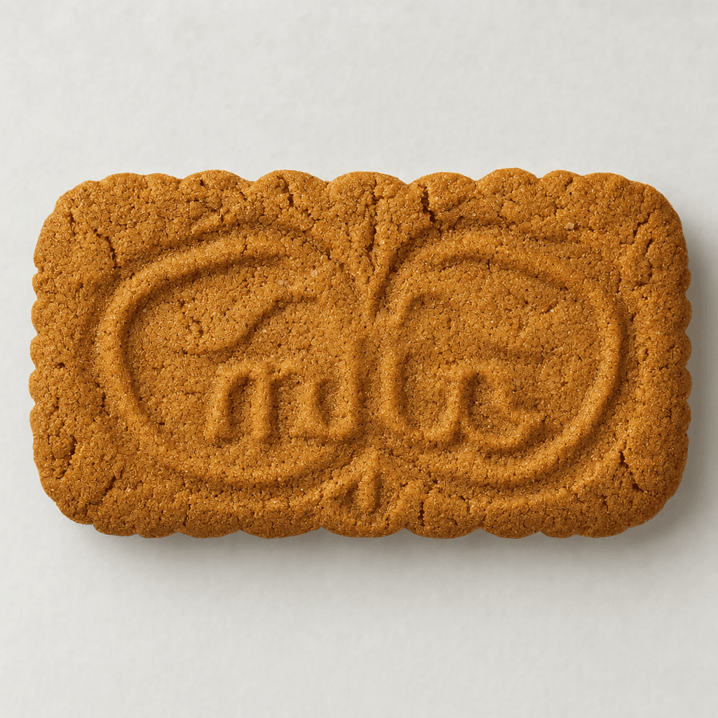 A thin, flat, deep golden-brown rectangular cookie with rounded, scalloped edges, a lightly cracked surface, and an embossed decorative pattern across the top.