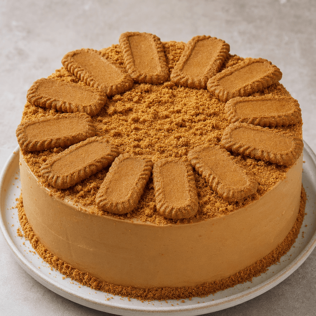 A round layered cake is covered in smooth caramel-brown cream, with golden biscuit crumbs scattered over the top and whole rectangular spiced biscuits arranged as decoration.