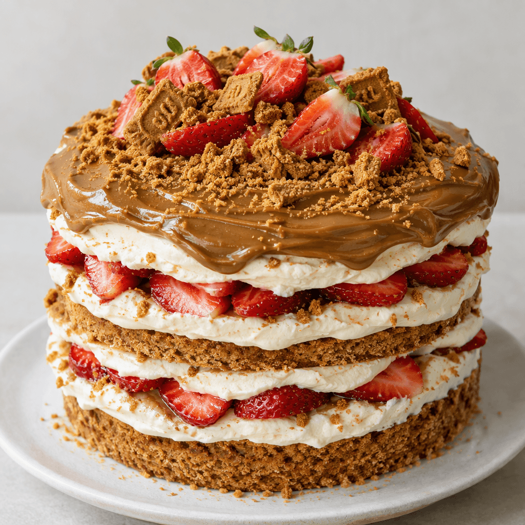 A layered cake with pale cream filling and sliced red strawberries between the layers, topped with more strawberries, glossy caramel-brown biscuit spread, and scattered golden-brown biscuit crumbs.