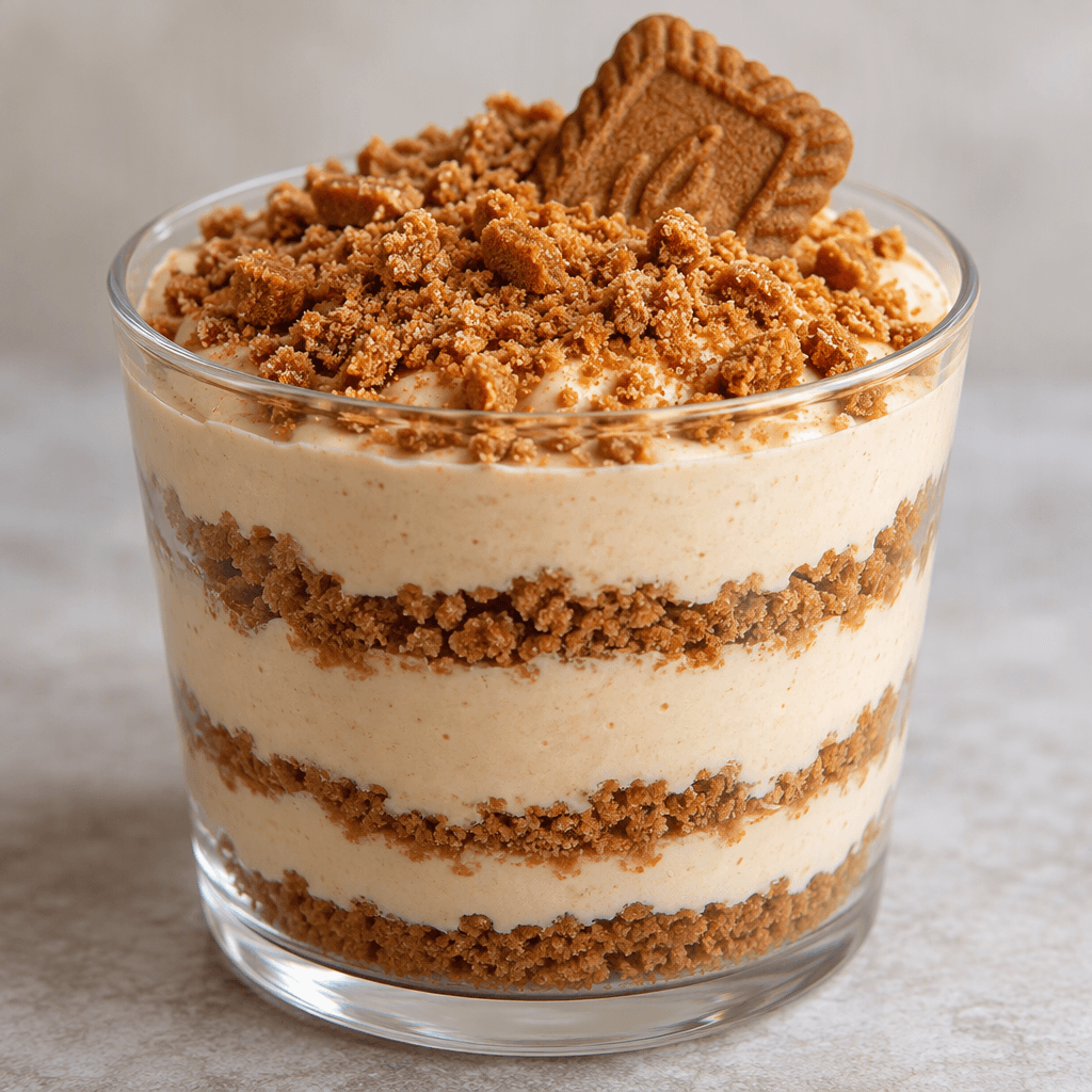 A creamy beige pudding is layered with thin, darker biscuit-crumb layers in a clear dessert cup and topped with golden-brown crumbs and a small rectangular biscuit.