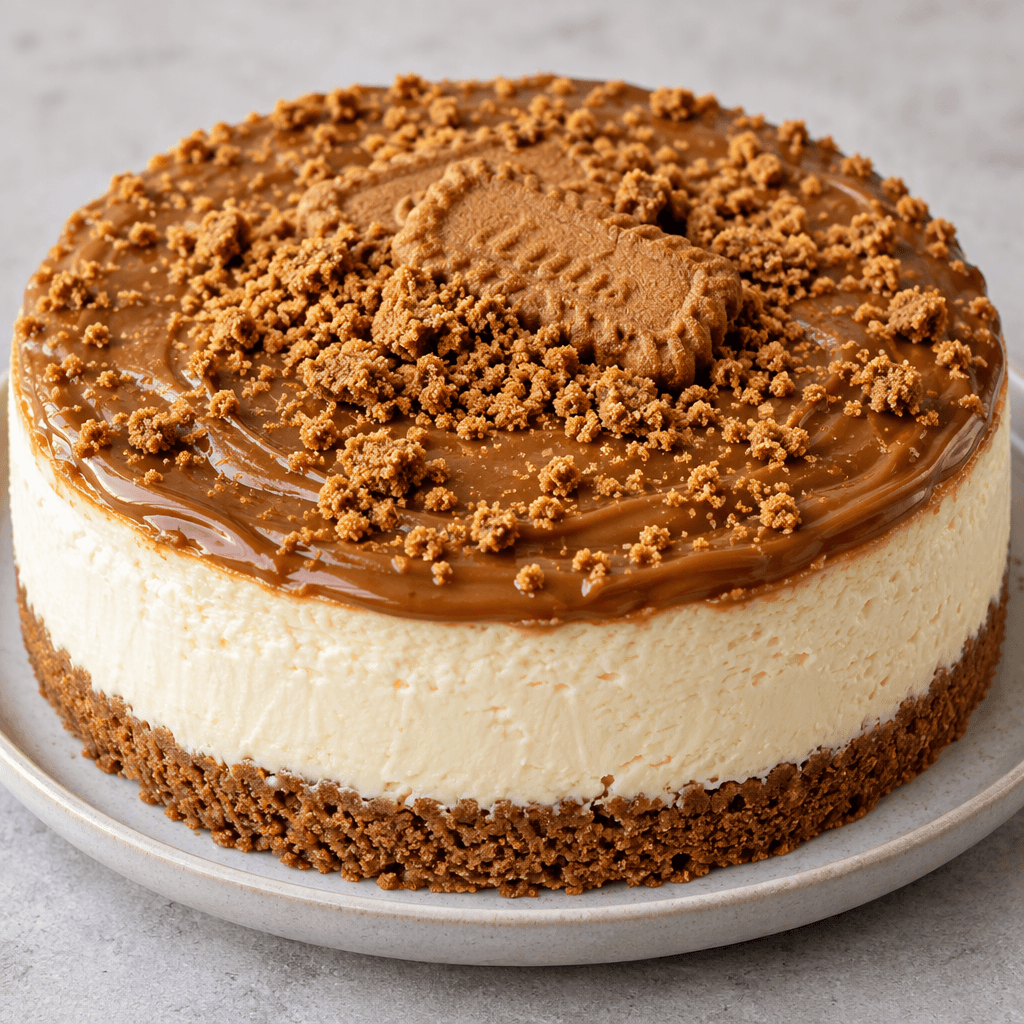 A round cheesecake with a compact brown biscuit-crumb base, a thick smooth ivory filling, and a glossy caramel-brown spread topping scattered with fine biscuit crumbs and a few rectangular biscuits.