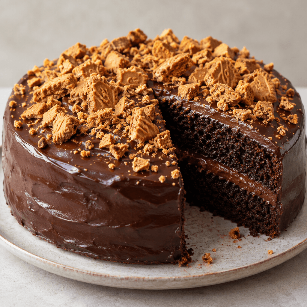 A round chocolate cake with dark, moist-looking layers, a smooth glossy chocolate coating, and golden caramel-coloured biscuit crumbs and pieces scattered over the top.