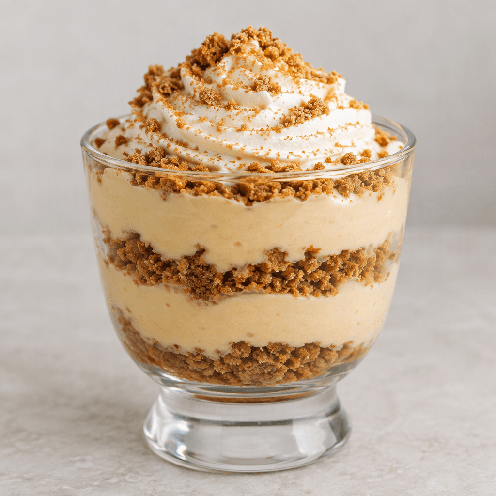 A creamy, pale caramel-colored pudding sits in a serving glass, with darker biscuit crumbs layered through it and a soft swirl of cream and fine crumbs on top.