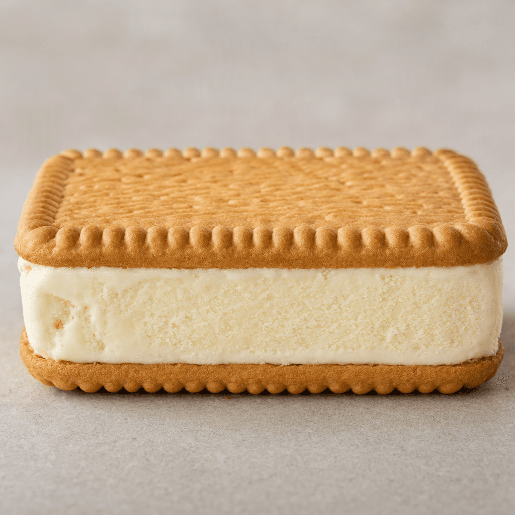 A rectangular ice cream sandwich with a thick layer of pale, creamy ice cream between two crisp, golden-brown biscuits with a fine embossed pattern.