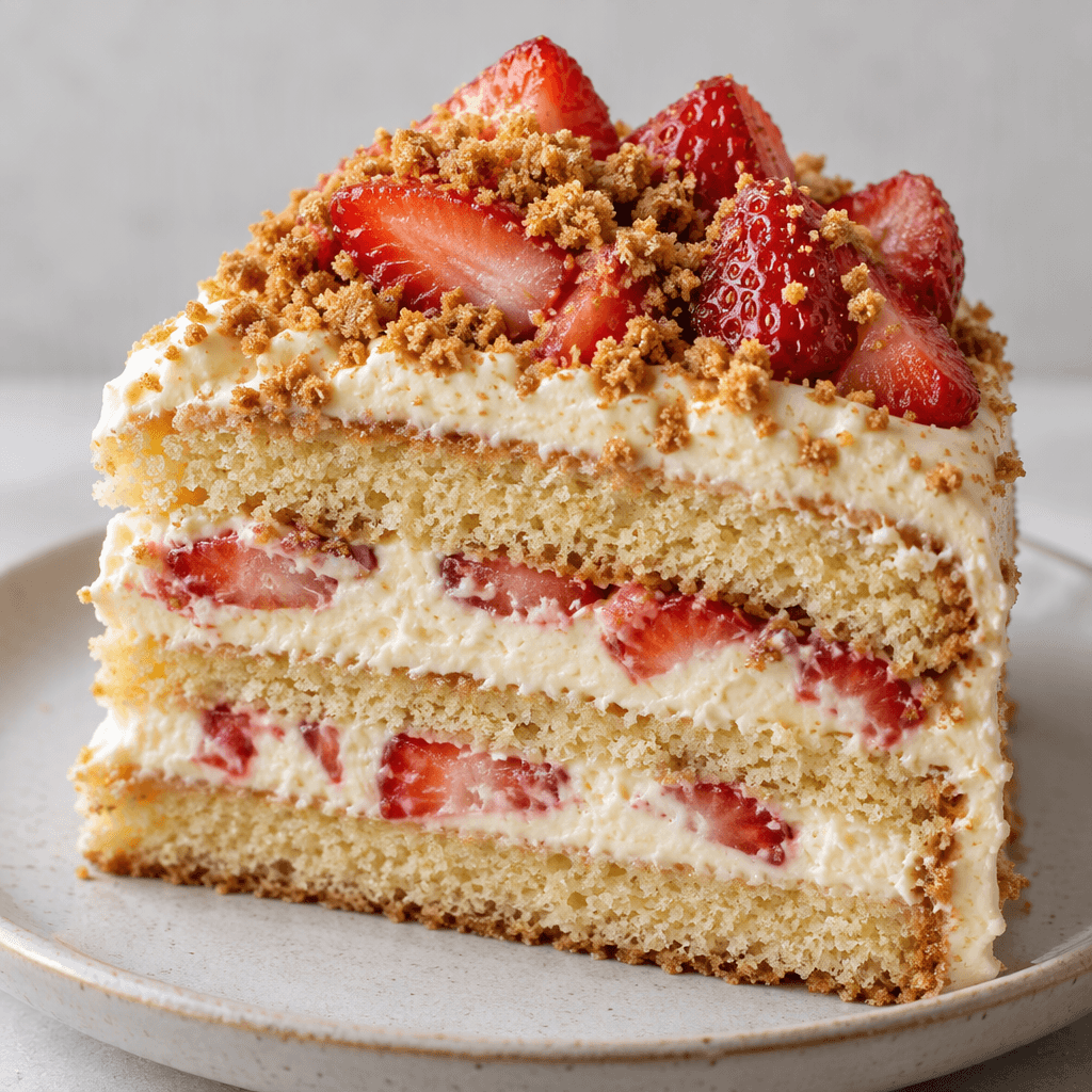 A slice of layered cake with pale cream between soft sponge layers, topped with pinkish-red strawberry pieces and a scattering of fine caramel-brown biscuit crumbs.