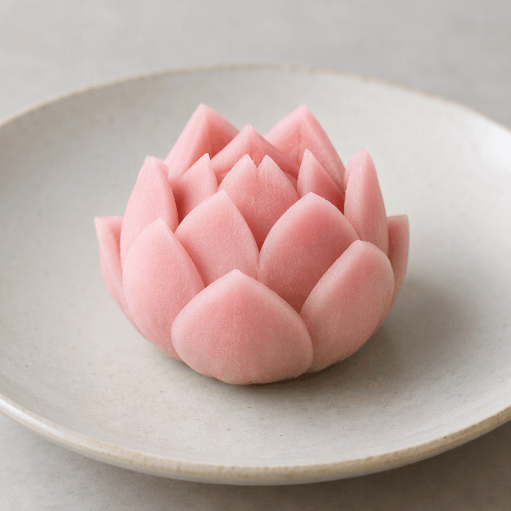 Sade bir tabakta, katmanlı sivri yaprakları ve düzgün şekillendirilmiş yüzeyiyle lotus çiçeğini andıran küçük, açık pembe bir Japon tatlısı duruyor.