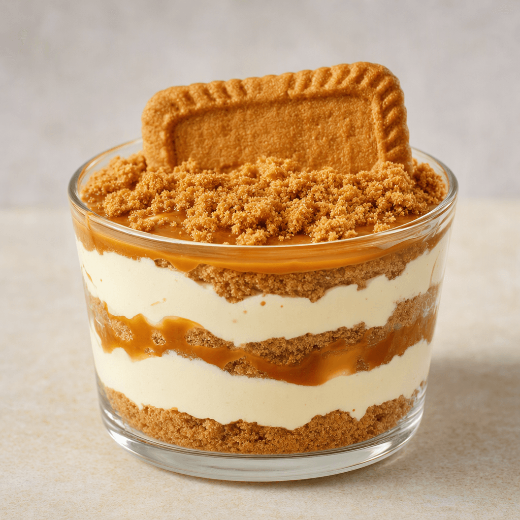 A layered dessert in a clear glass, with pale cream filling, golden-brown biscuit crumbs and caramel-colored sauce between the layers, topped with more crumbs and a crisp rectangular biscuit.