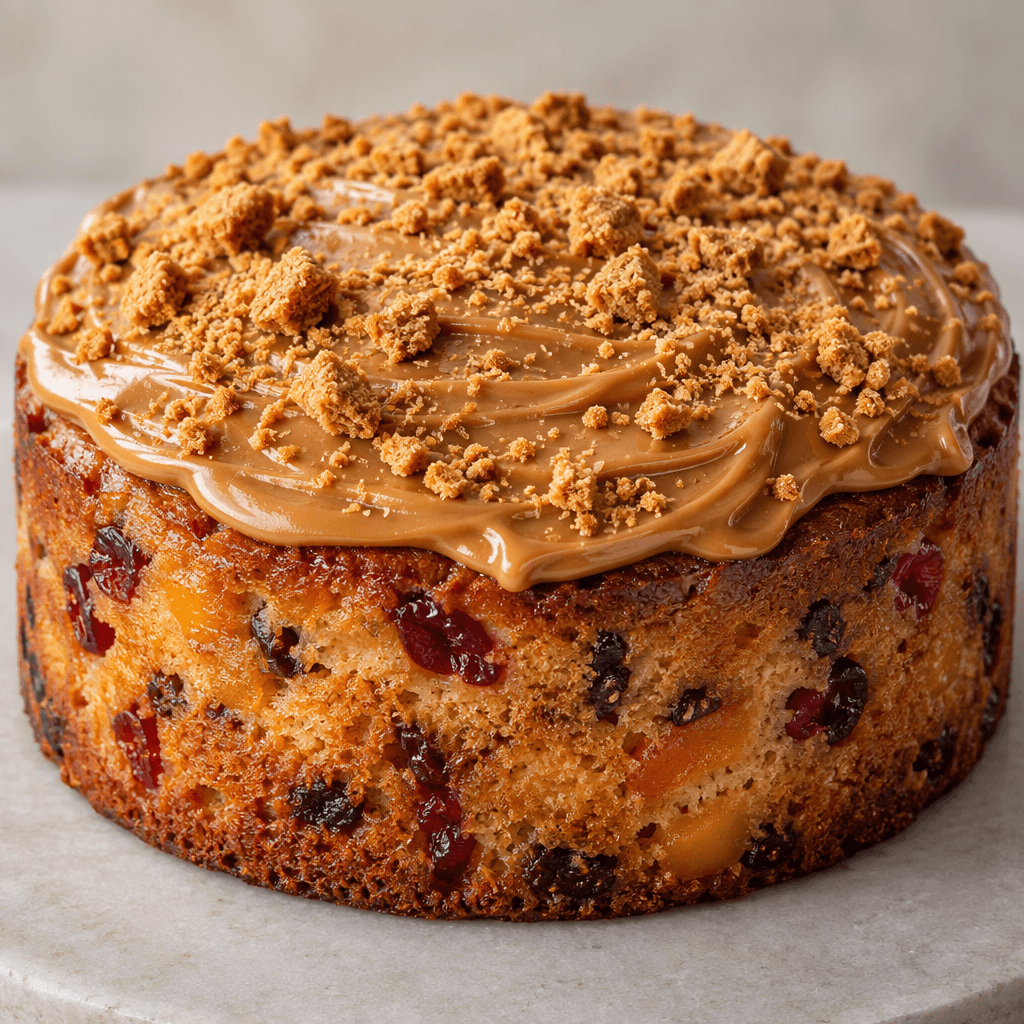 A golden-brown cake studded with colorful pieces of fruit, topped with a smooth caramel-brown spread and a scattering of fine biscuit crumbs.