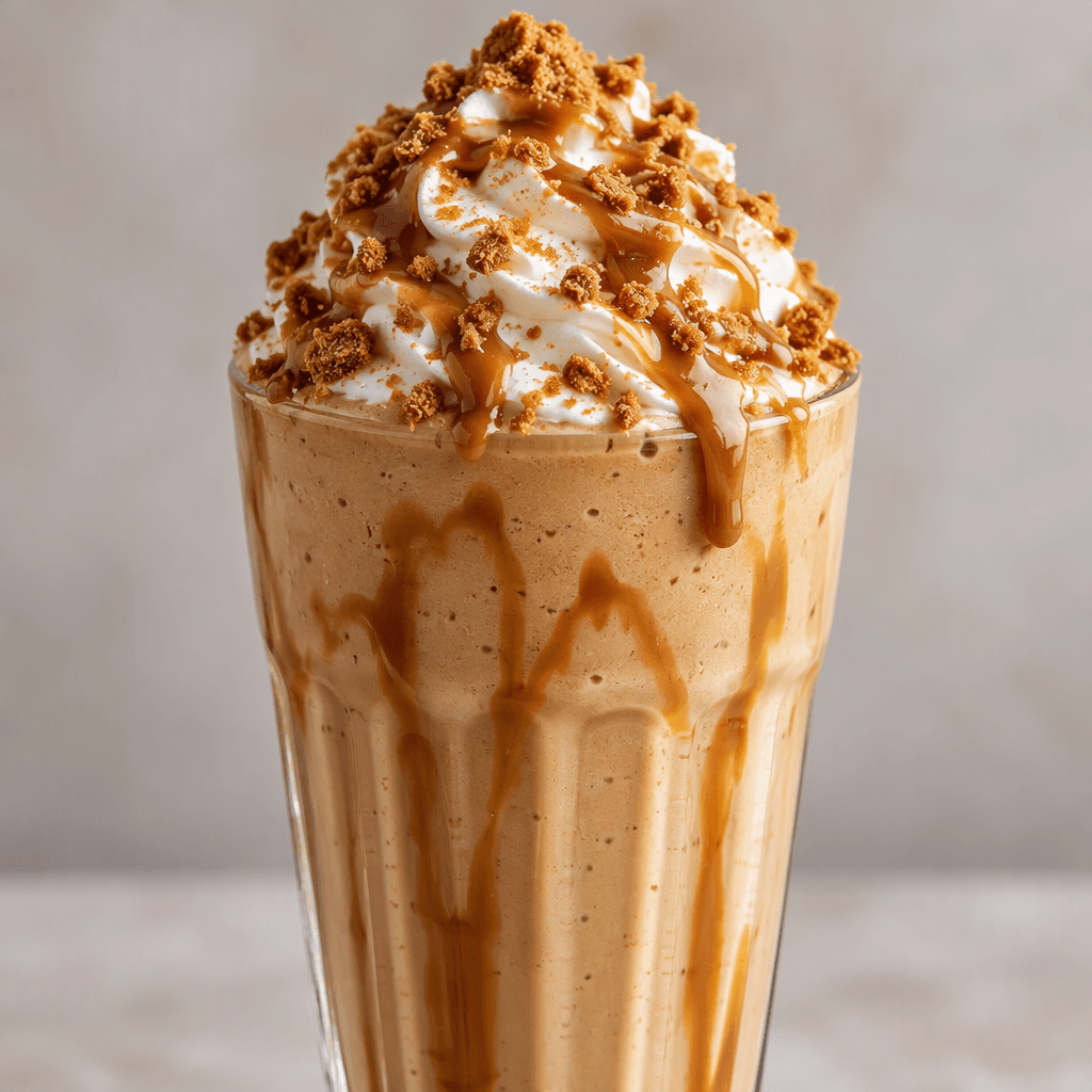 A thick, creamy caramel-brown milkshake fills a tall glass, topped with a swirl of whipped cream, a glossy brown drizzle, and fine biscuit crumbs.