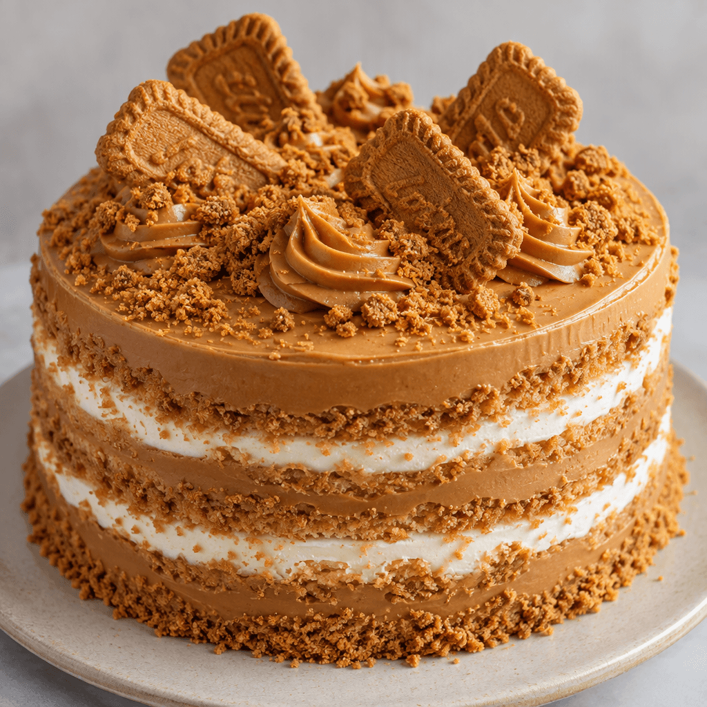 A round layered cake is covered in smooth caramel-brown cream, with pale cake and white cream visible between the layers, and finished with golden biscuit crumbs and crisp rectangular biscuits on top.