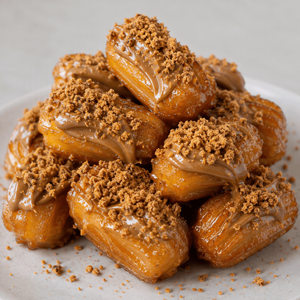 Short, ridged golden-amber pastry pieces glisten with syrup, topped with thick caramel-brown biscuit spread and fine biscuit crumbs.