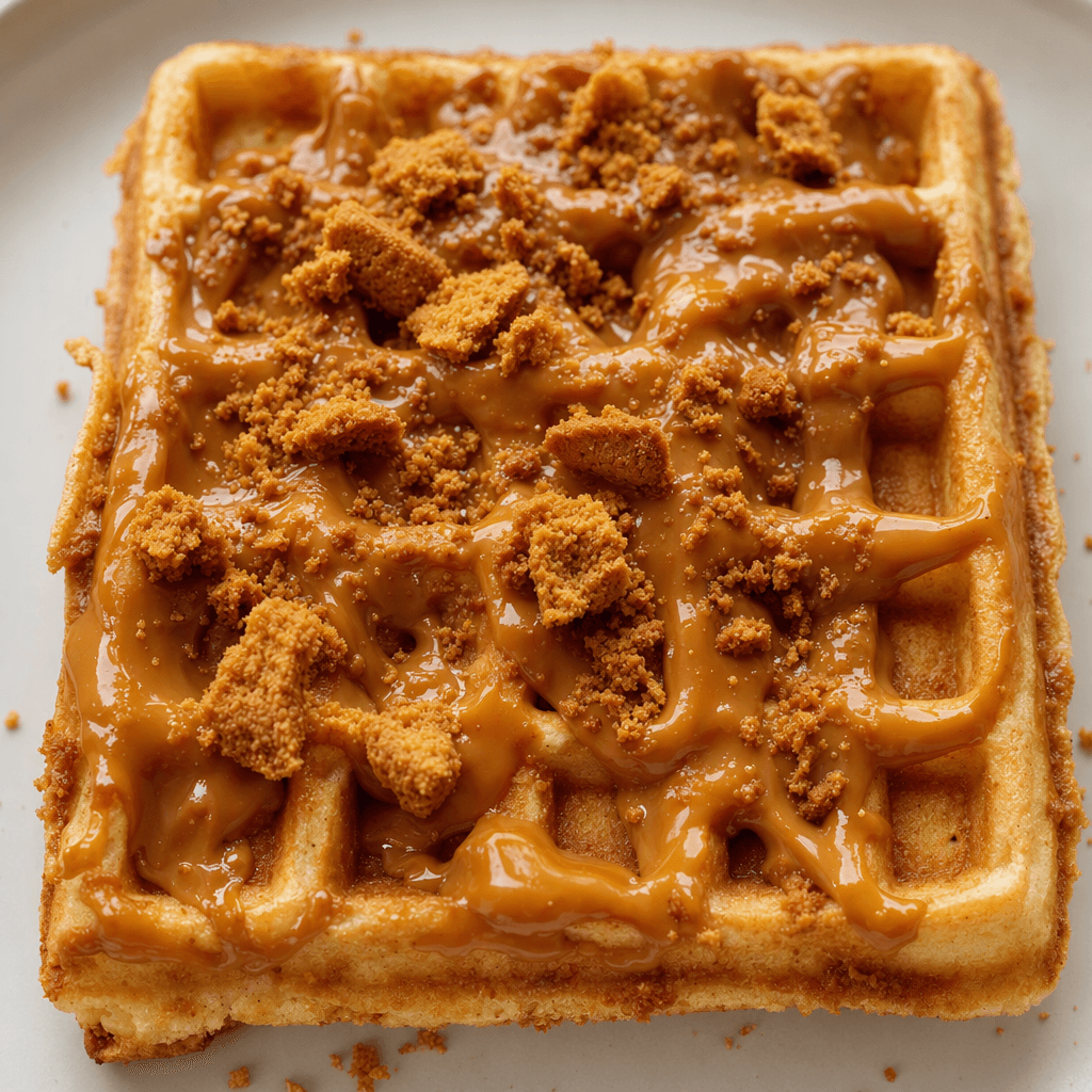 Kare gözlü, altın sarısı waffle’ın üzeri parlak karamel tonlu bir kremayla kaplanmış, üstüne çıtır bisküvi parçaları serpilmiştir.