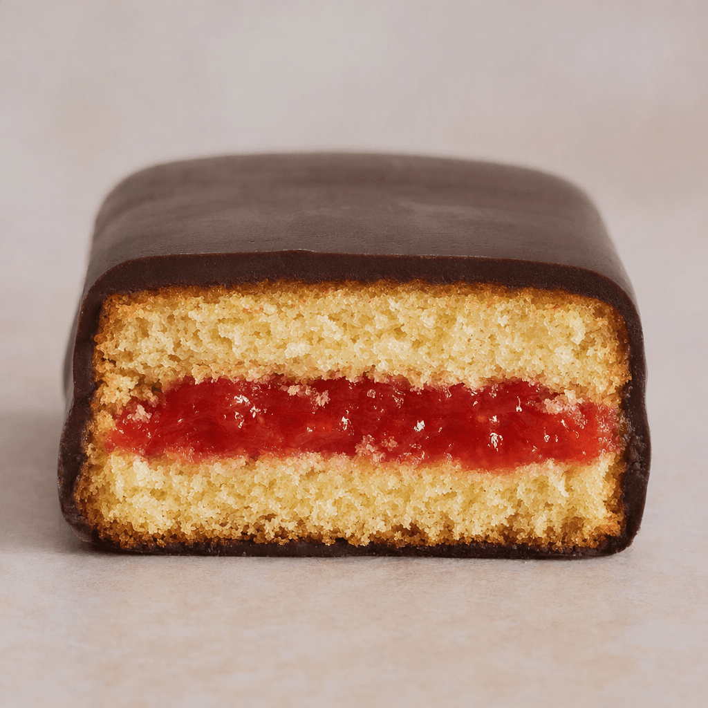 A small rectangular golden-brown sponge cake with rounded edges, split horizontally to reveal a thick layer of bright red strawberry filling, with a thin smooth coating of dark chocolate over the top and sides.