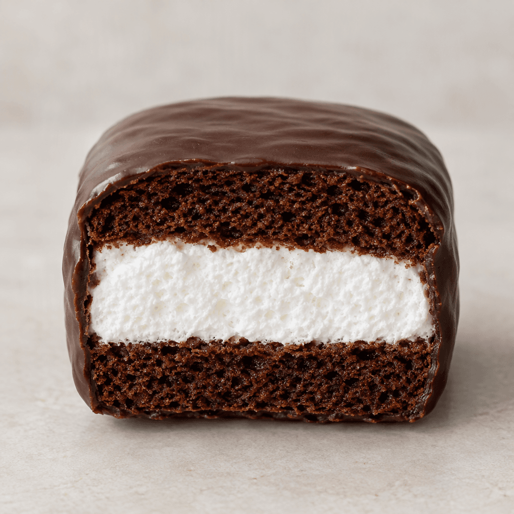 Dışı koyu çikolata kaplı, yuvarlatılmış dikdörtgen biçimli küçük kekin kesitinde yumuşak kakaolu kek katmanları arasında kalın, beyaz marshmallow dolgusu görülür.