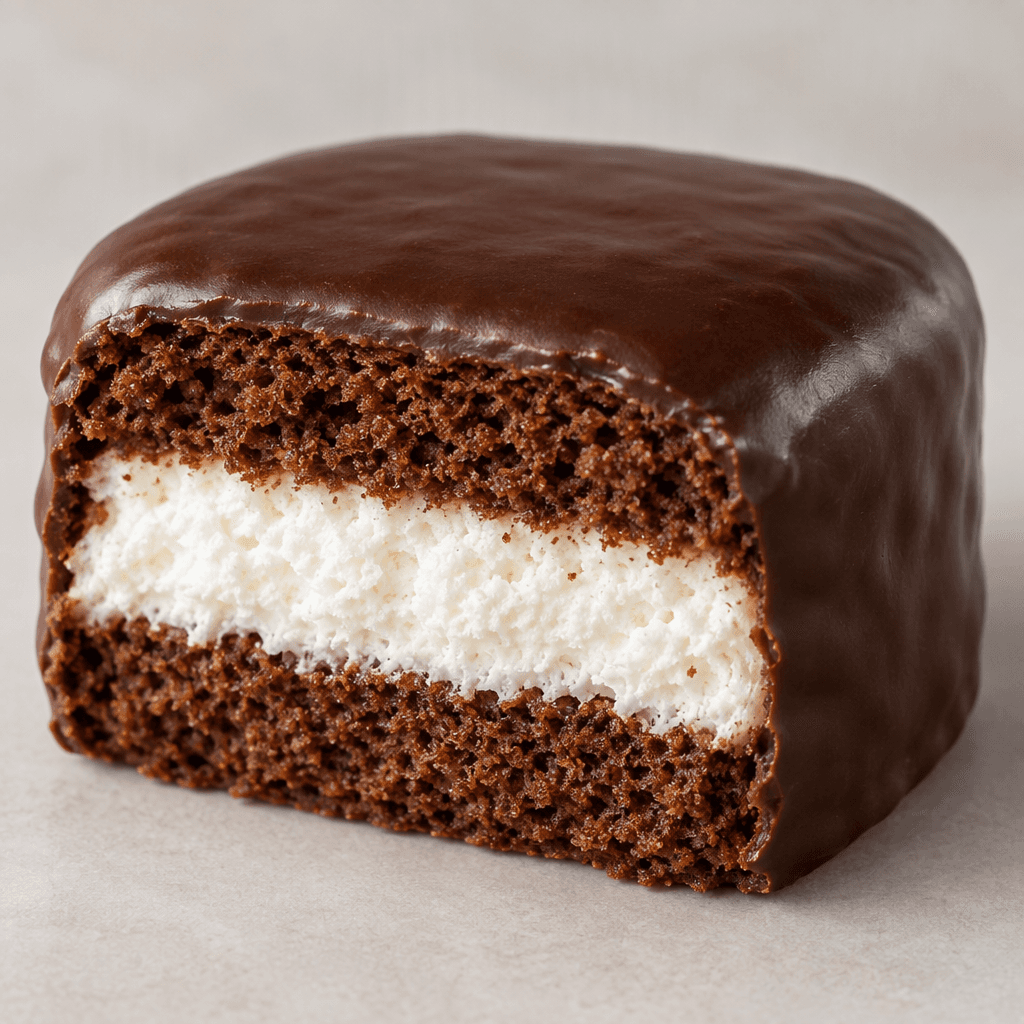 A small, rounded rectangular chocolate-coated cake with a smooth, slightly glossy dark-brown shell and a visible pale marshmallow layer sandwiched between two soft brown cake layers.