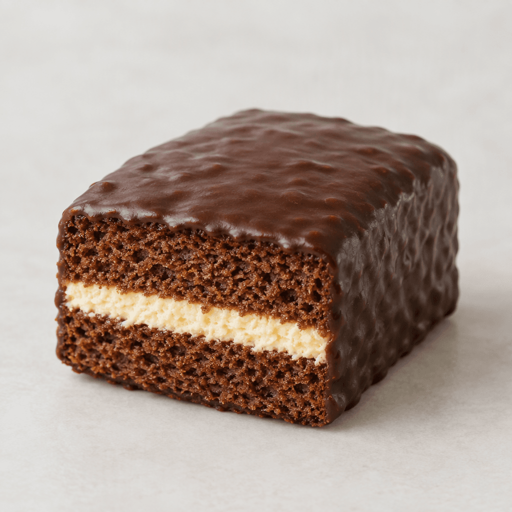 A small rectangular chocolate-coated sponge cake with a pale cream layer visible between the soft brown cake layers, served as a single individual piece.