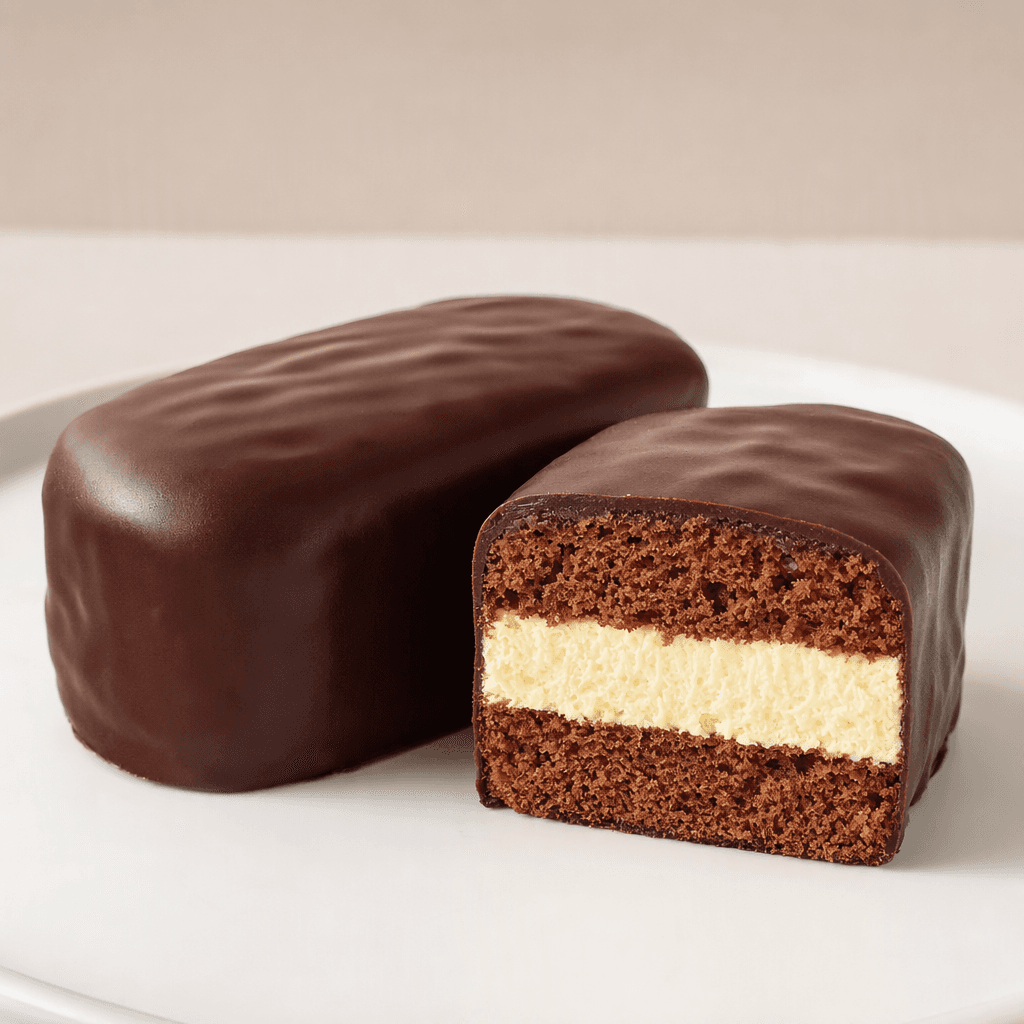 A small, rounded rectangular cake with a smooth dark-chocolate coating, shown whole beside a cut piece revealing soft brown sponge and a pale, fluffy filling.