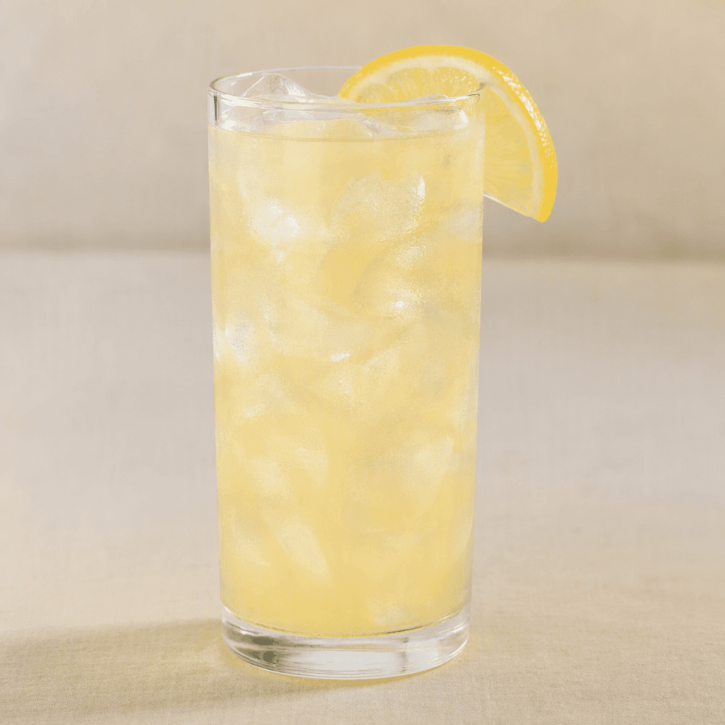 A pale golden, slightly cloudy drink with ice cubes and a lemon slice is served in a clear tall glass.