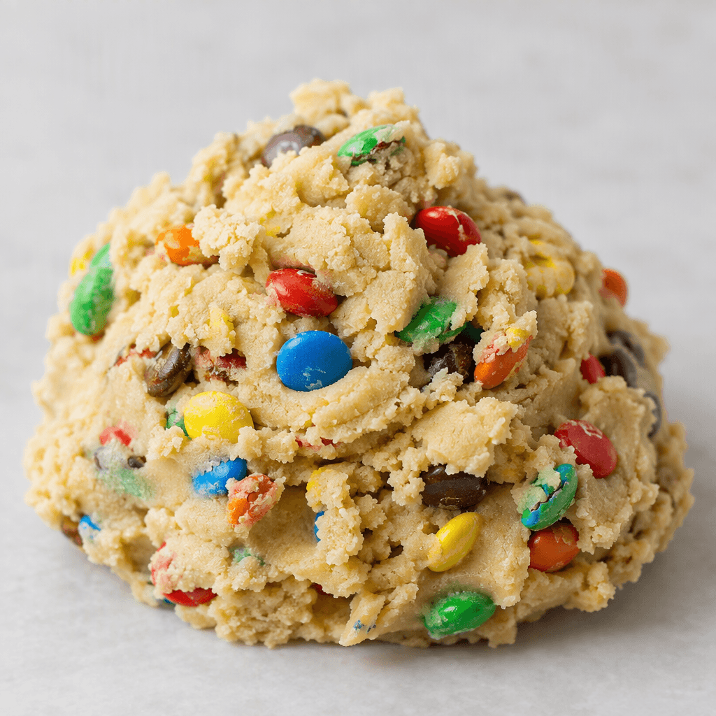 A mound of soft, pale golden cookie dough studded with small, brightly colored candy-coated chocolate pieces, its surface uneven and slightly crumbly.