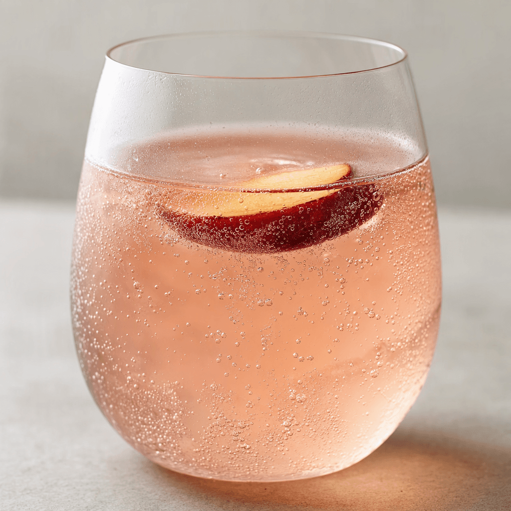 A clear, lightly rosy drink sparkles with fine bubbles in a glass, with a small plum slice floating near the surface.