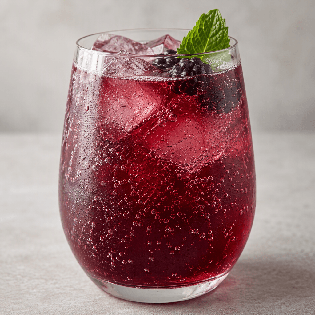 A translucent deep ruby-purple drink with fine carbonation bubbles, served in a clear glass.