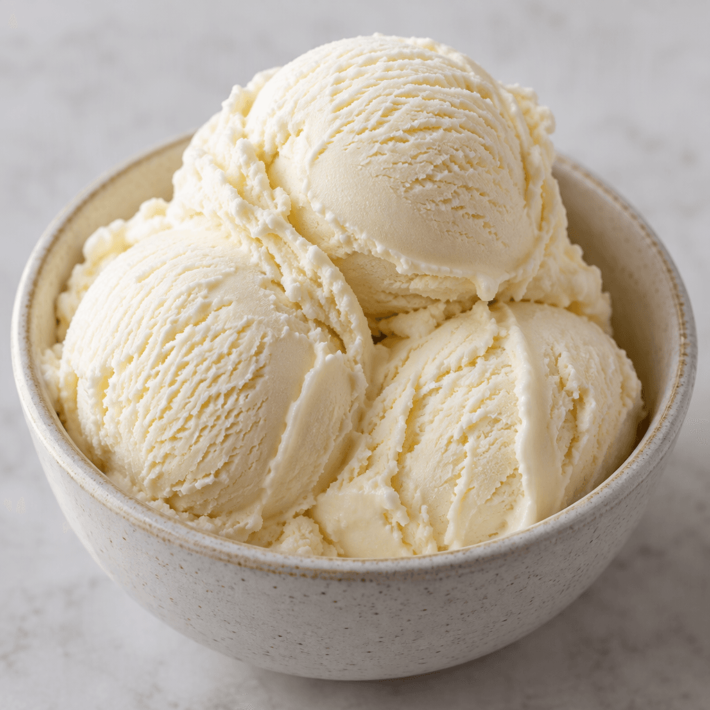Several pale ivory scoops of dense, smooth, slightly stretchy ice cream sit in a small serving dish, with soft ridges and rounded edges.