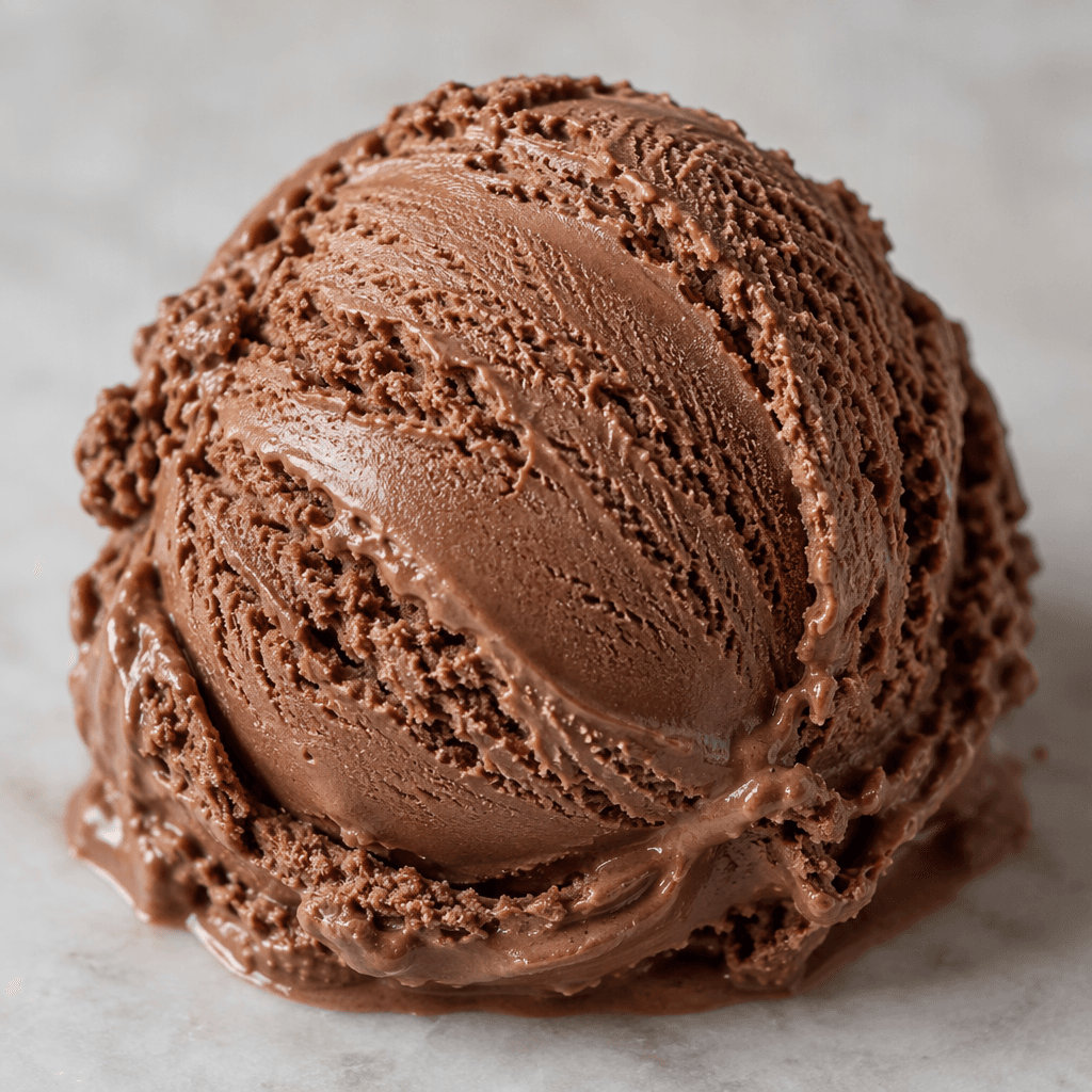 Dense, smooth cocoa-brown ice cream sits in a rounded, slightly ridged scoop, with a thick, stretchy-looking texture.