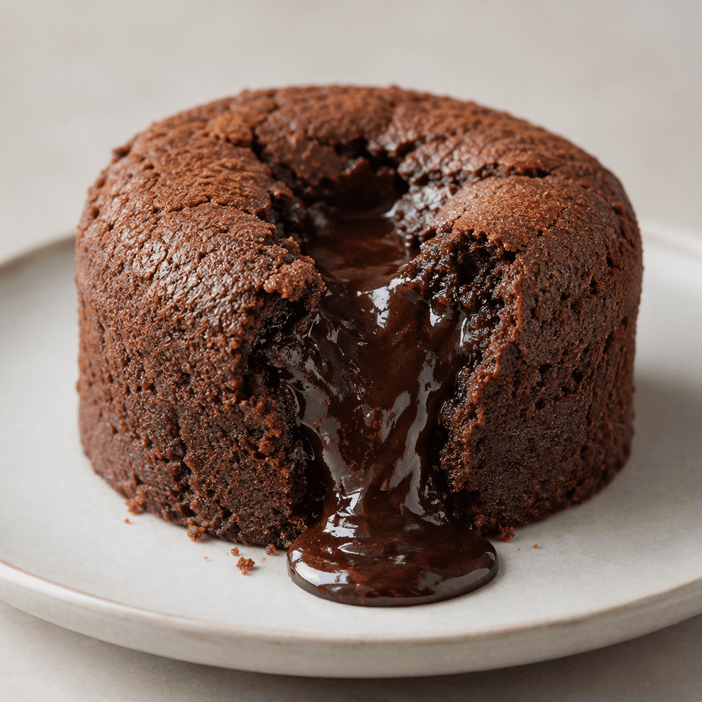 A small, round, deep-brown chocolate cake sits on a plate, its cracked top revealing a glossy, dark chocolate center flowing down its sides.