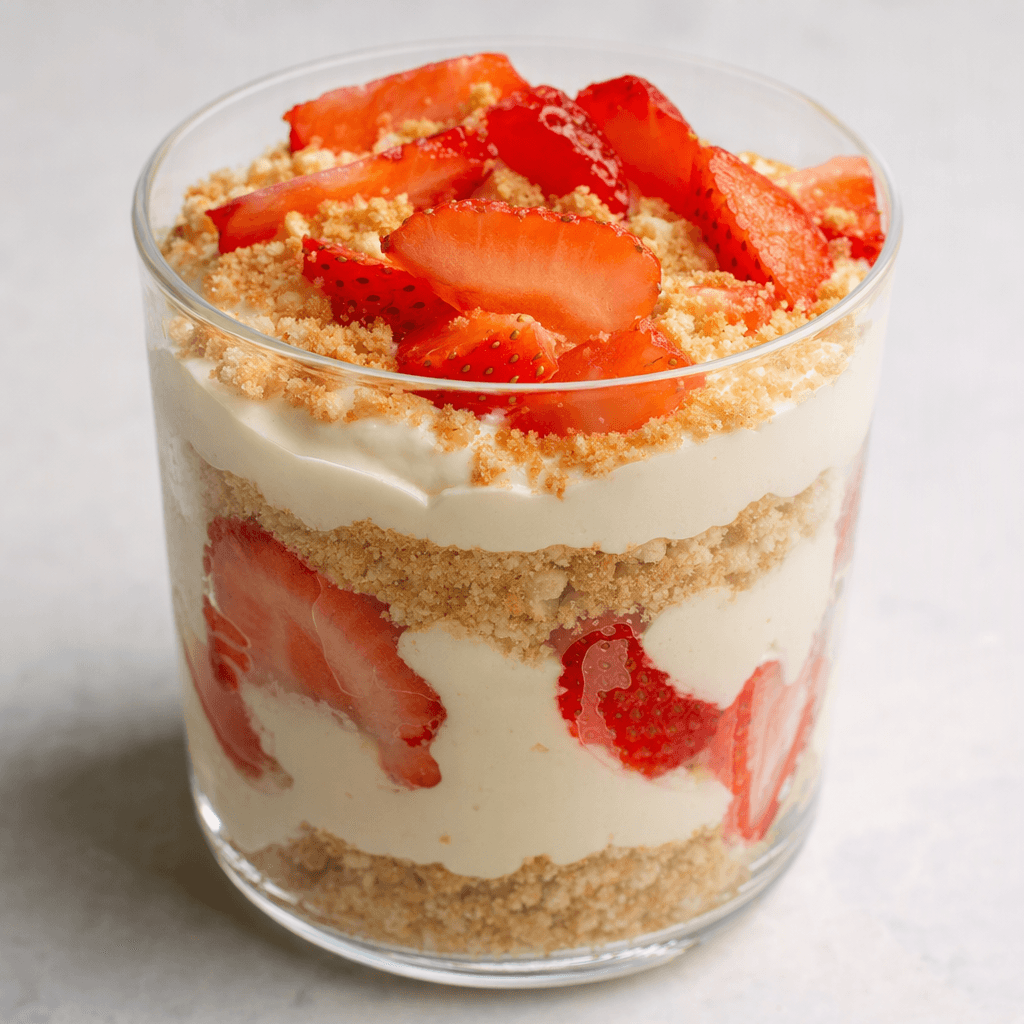 A clear glass cup holds layers of pale cream and fine golden biscuit crumbs, with bright red strawberry pieces and slices visible near the top and through the sides.
