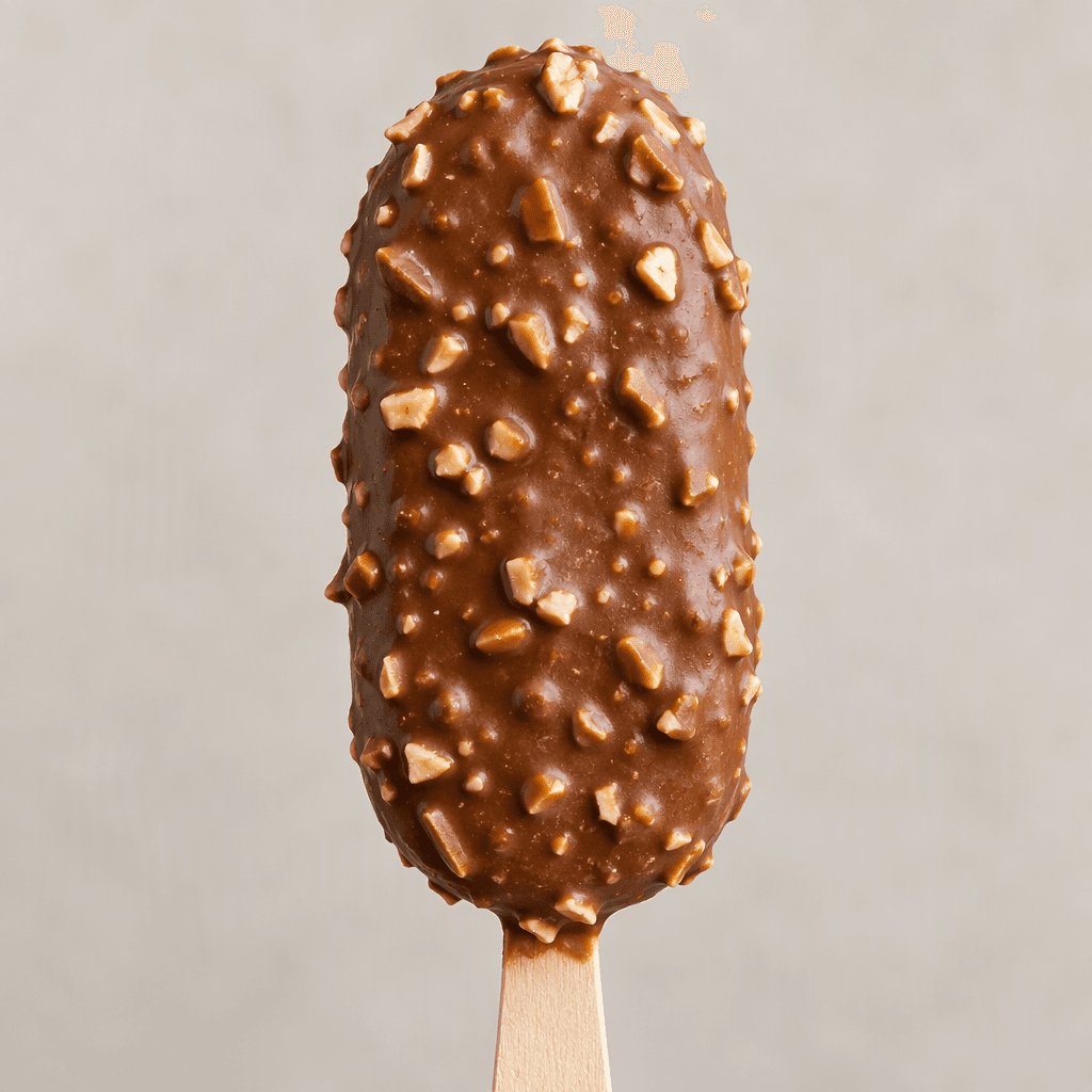 An elongated ice cream bar with rounded ends, coated in a thick glossy milk-chocolate shell scattered with small almond pieces and showing a slightly uneven, crunchy-looking surface.