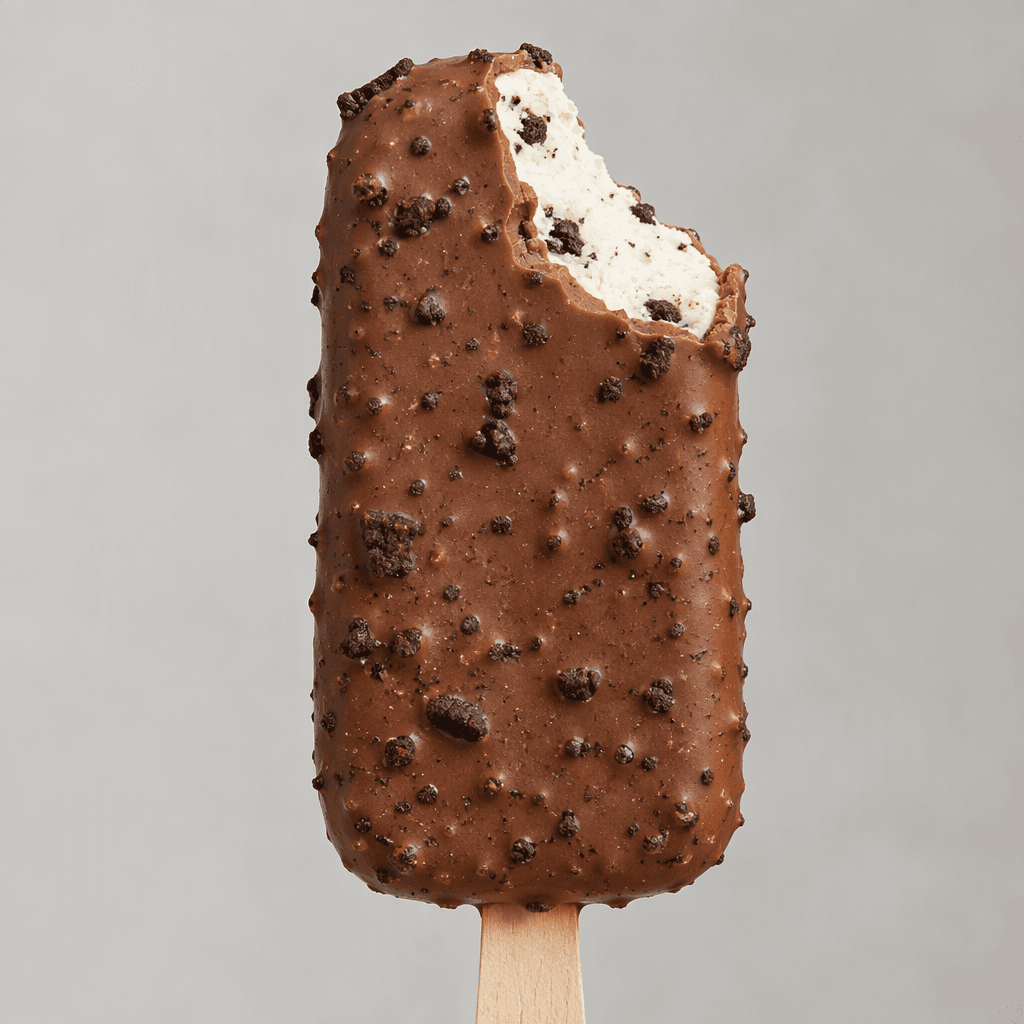 A rectangular vanilla ice cream bar on a wooden stick, covered in a smooth milk-chocolate shell speckled with small dark cookie pieces, with a pale creamy interior visible where the coating is broken.