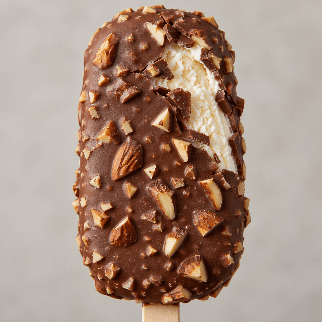 An oblong ice cream bar with rounded corners is coated in a dark milk-chocolate shell studded with chopped almonds, with cracks in the shell revealing pale vanilla ice cream beneath.