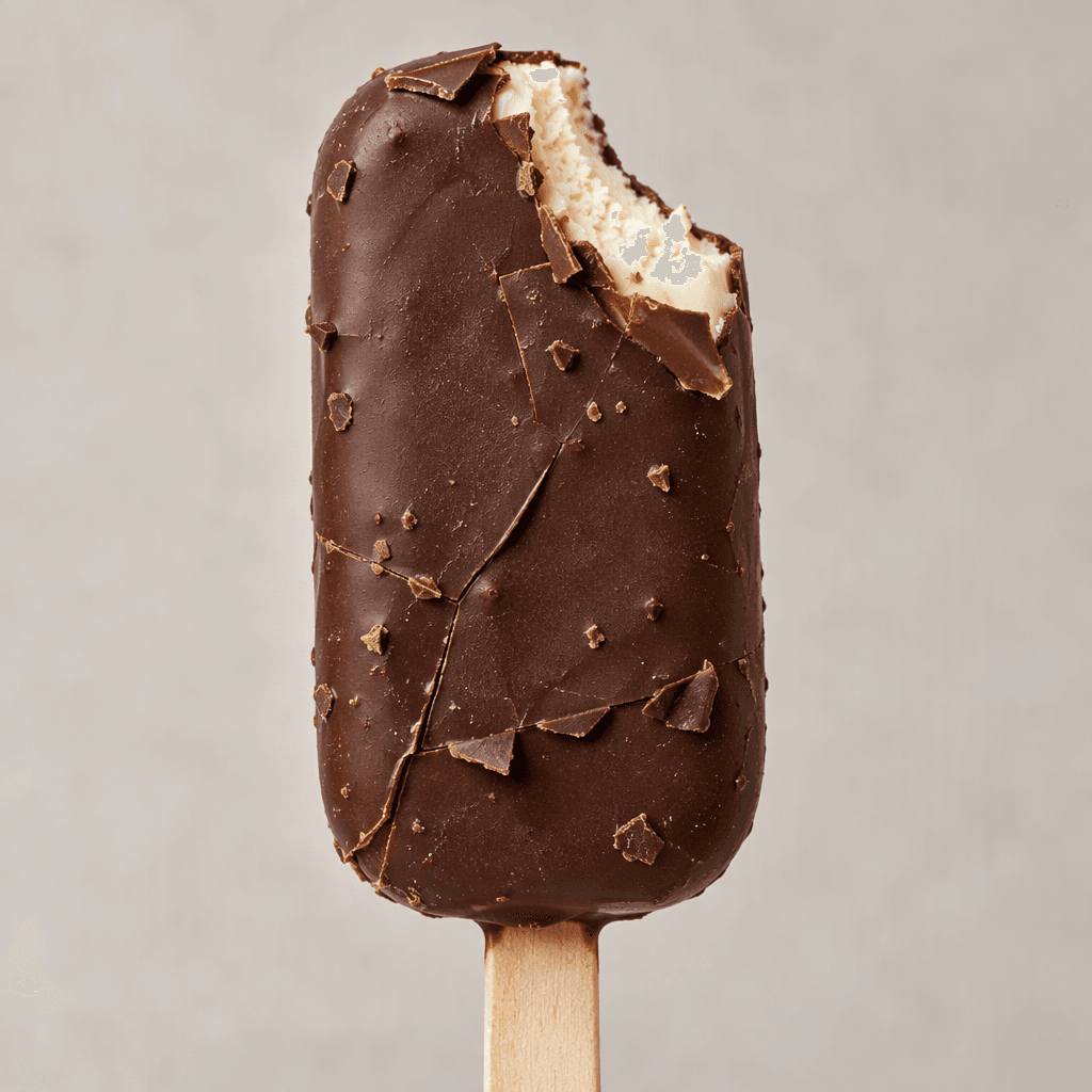 A rectangular ice cream bar with rounded corners, covered in a thick dark-brown chocolate shell with visible cracks and chocolate flakes, with a pale creamy centre and a wooden stick extending from the bottom.
