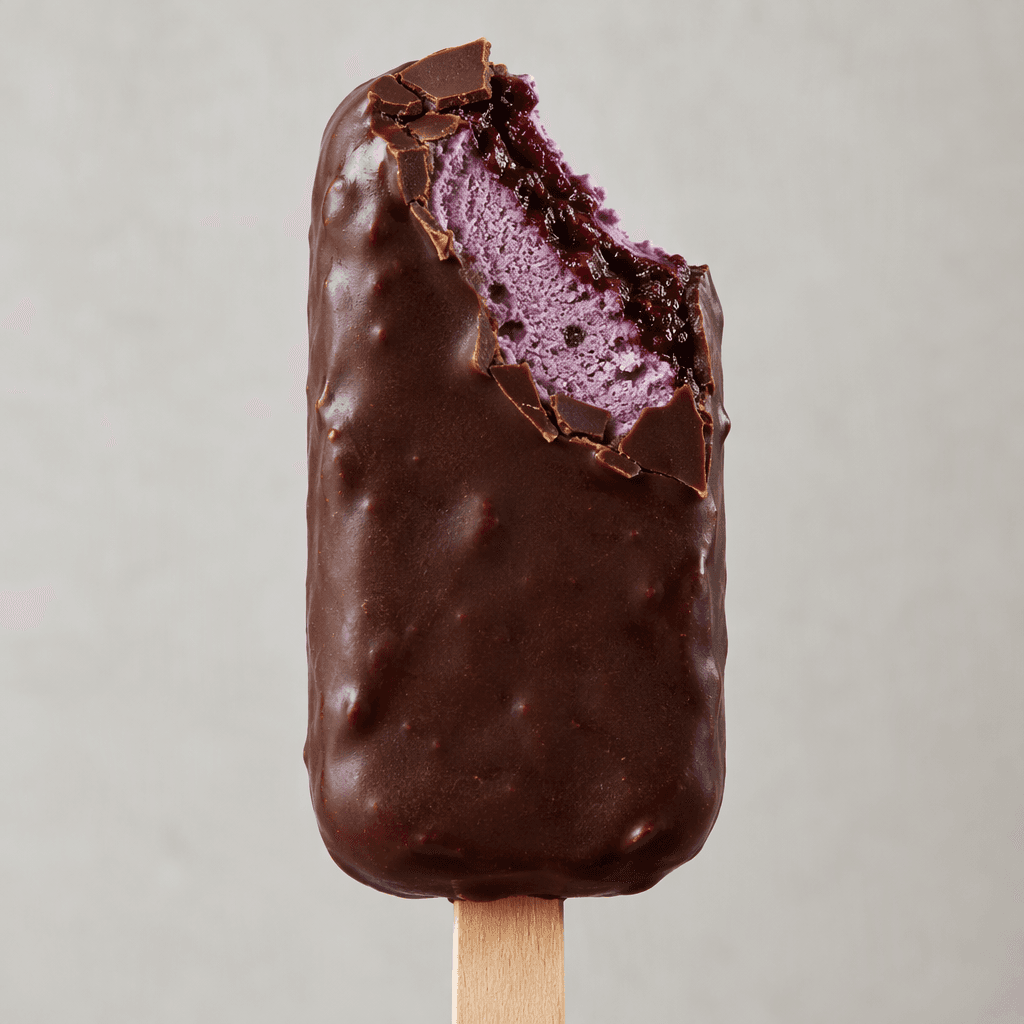 A rectangular ice cream bar on a wooden stick is coated in a thick, glossy dark-chocolate shell, with a deep purple mulberry-and-blackberry ice-cream centre and a darker berry-coloured sauce layer visible where the coating is broken.